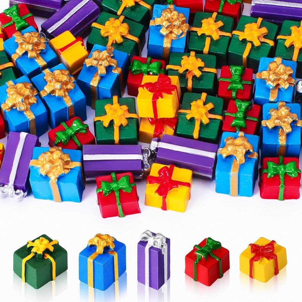 50 Pcs Christmas Miniatures for Crafts, Christmas Tree Mini Resin Presents Charm